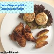 Chicken Wings mit Rosmarin-Kartoffelspalten und gefüllten Pilzen