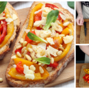 Schnelles Abendessen im Sommer: Bruschetta mit gegrillter Paprika, Schafskäse und Pinienkernen
