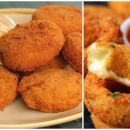 Köstlich knusprige panierte Zwiebelringe mit Hühnchen und Käse