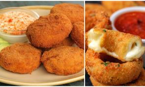 Köstlich knusprige panierte Zwiebelringe mit Hühnchen und Käse