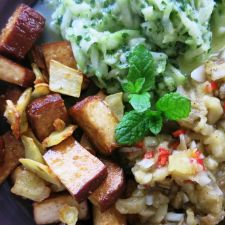 veganes Trio von Gurken-Minze-Salat, Petersilienwurzel-Tofu-Geschnetzeltem und Auberginen-Caviar