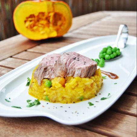 Filet vom Weidekalb an Kürbis-Steinpilz-Risotto