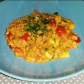 Bulgur-Linsen-Gemüse in Sahnesauce aus dem Wok