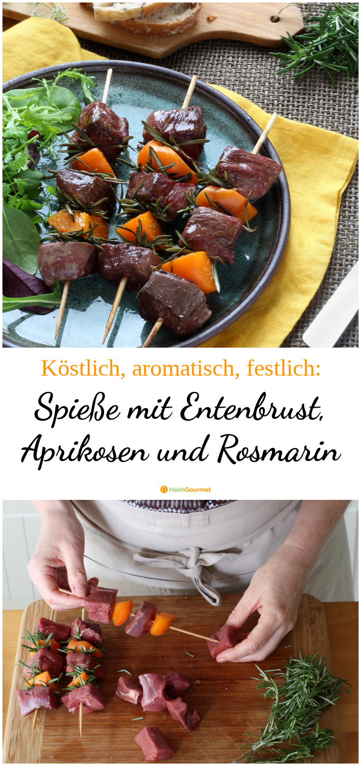 Köstlich aromatisch Spieße mit Entenbrust, Aprikosen und Rosmarin