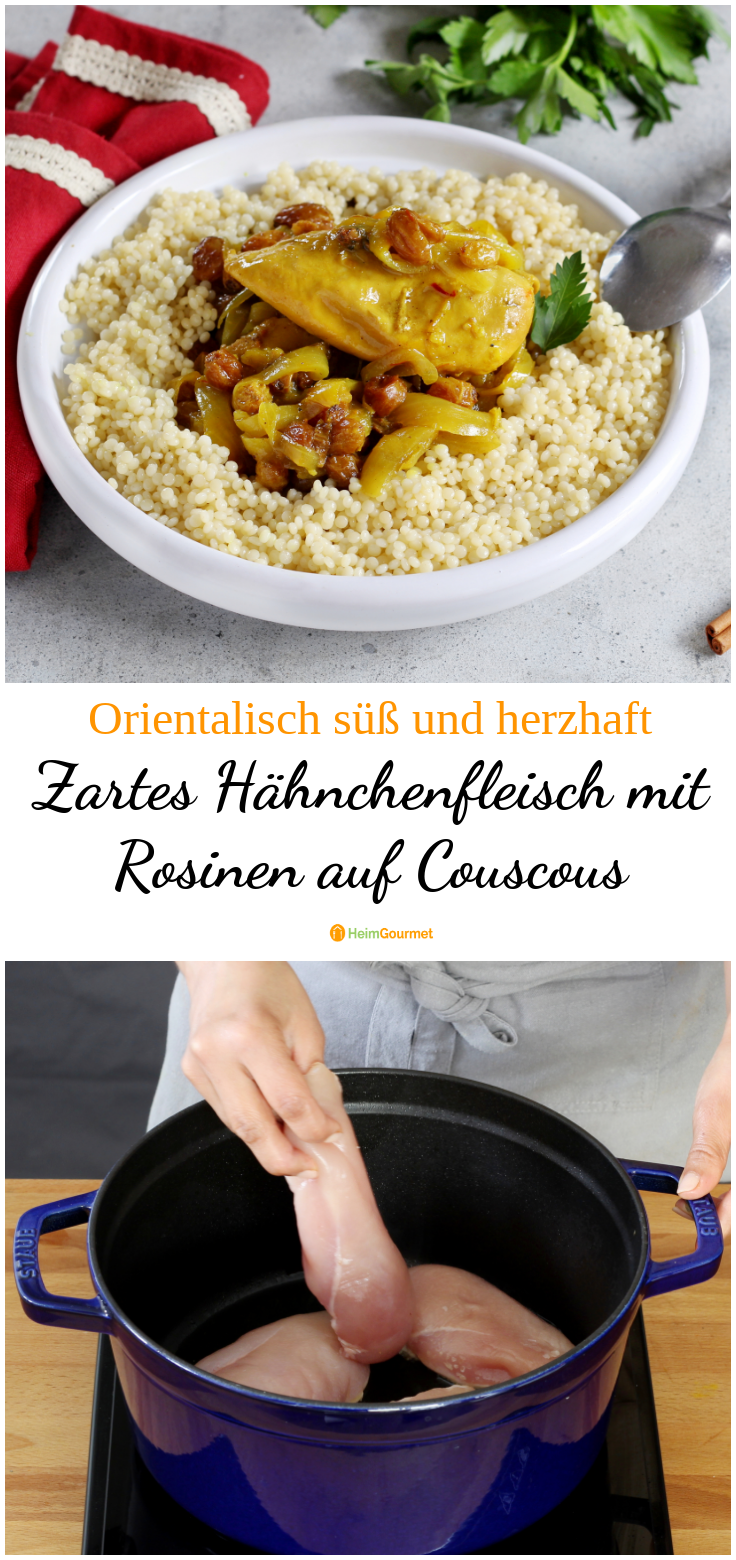 Zartes Hähnchenfleisch mit Zwiebeln, Rosinen und Couscous