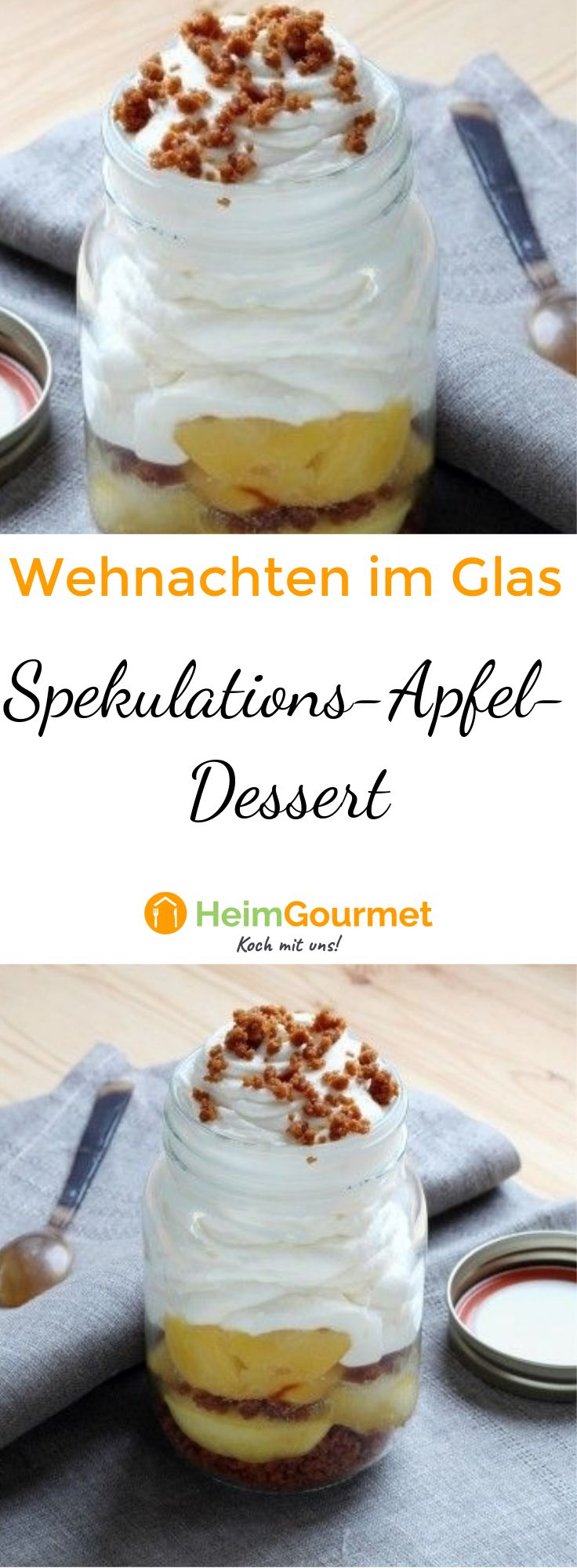 Weihnachtliches Dessert zum Mitnehmen mit Sahne, Spekulatius und Äpfeln