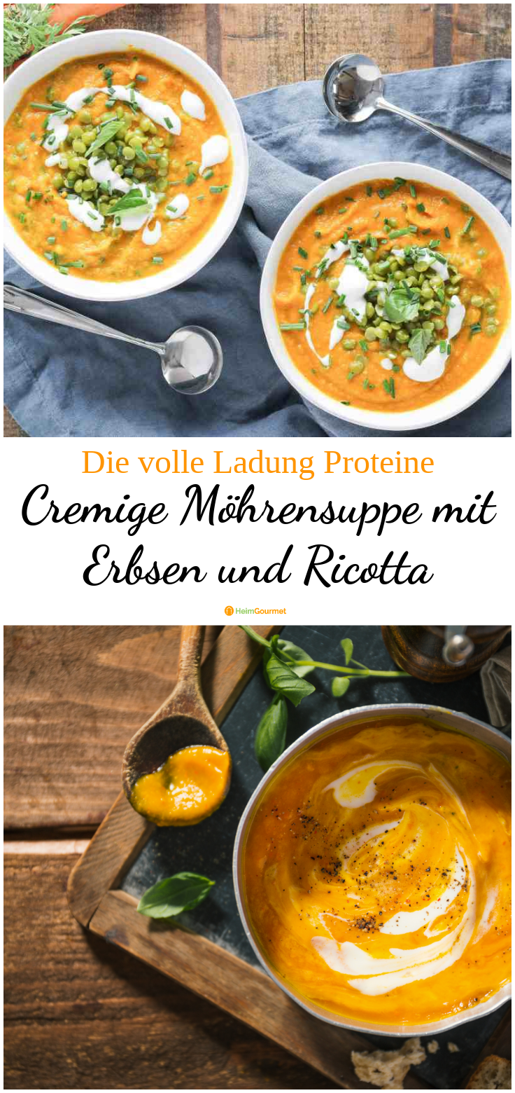 Cremige Möhrensuppe mit Ricotta und Erbsen