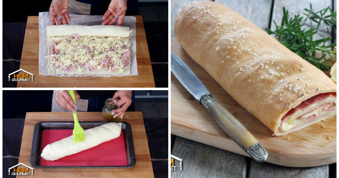 Gefüllte Brotrolle mit Käse und Schinken