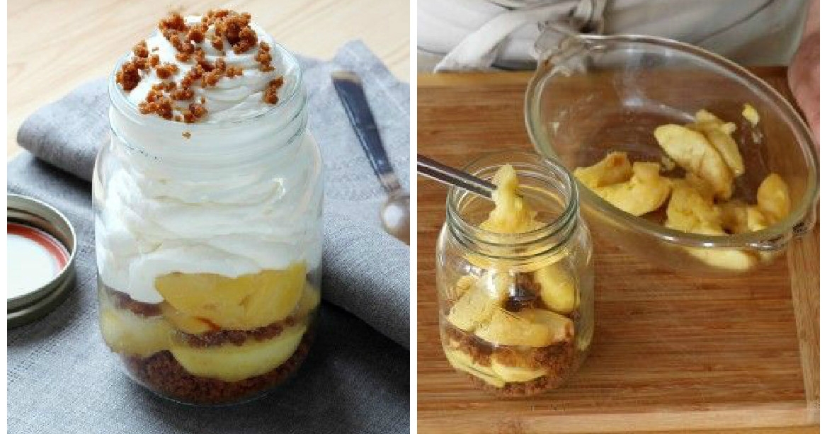 Weihnachtliches Dessert zum Mitnehmen mit Sahne, Spekulatius und Äpfeln